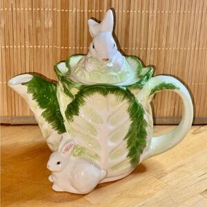 Enesco Green and White Rabbit Ceramic Teapot